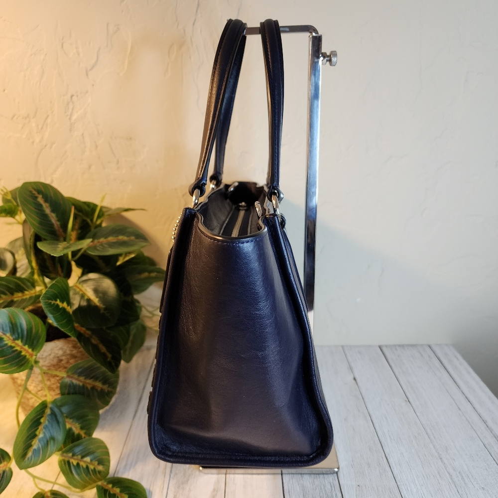 COACH Navy Mini Crosby Carryall Satchel Handbag w/Black Floral & Rivet Details - Picture 11 of 16